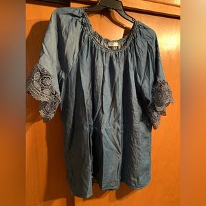 Lightweight lace-detail short sleeve retrology denim blouse. Elastic neckline 3x